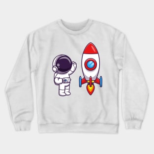 Astronaut Waving Hand to Rocket Cartoon Crewneck Sweatshirt